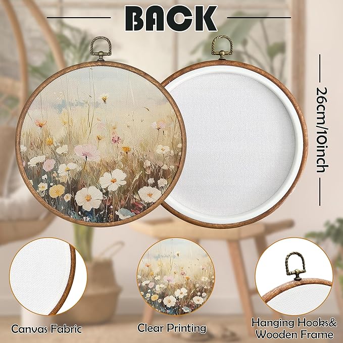 BCUANGD Vintage Flower Round Wall Art Decor - Retro Floral Botanical Wall Art Canvas Frame Artwork Prints, Rustic Neutral Wildflower Round Wall Hanging Decorations for Home Bedroom, 10"x10"