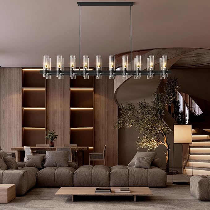 Black Kitchen Island Lighting-20-Light Linear Chandelier, Adjustable 67.7'' Modern Farmhouse Rectangle Pendant Light Fixtures, Dining Room, Bedroom