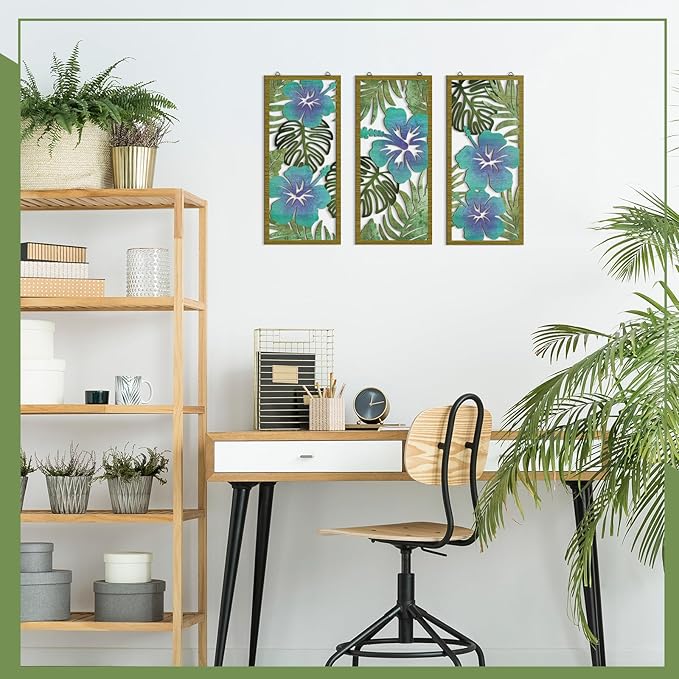 3 Pcs Tropical Wall Decor 3d Wooden Palm Leaf Wall Art Monstera Sculptures Wood Hibiscus Flowers Hanging Decor Vintage Plant Plaque for Home Bathroom 7.09 x 15.75 Inch(Fresh Style)