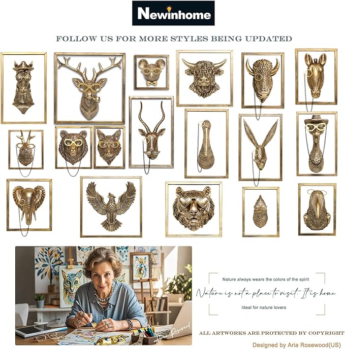 Newinhome Animal Heads Wall Decoration Resin Animals Sculptures Head Wall Hanging Decor Gold vintage Wall Sculpture for Living Room Bedroom Office(Deer,not include metal frames)