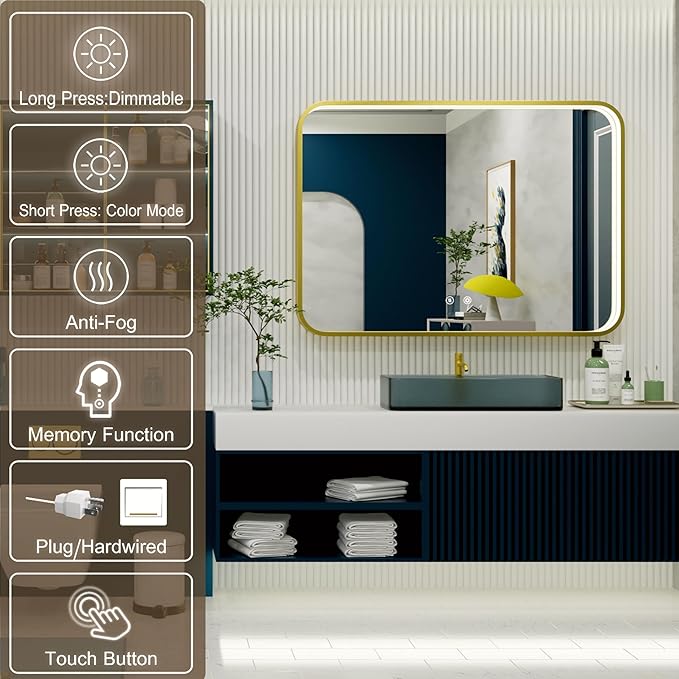 48x36 Inch Gold LED Bathroom Mirror with Lights, 3000K/4500K/6000K, Wall Mounted Lighted Vanity Mirrors for Bathroom, Memory Funtion, Stepless Dimmable, Anti-Fog, Horizontal/Vertical