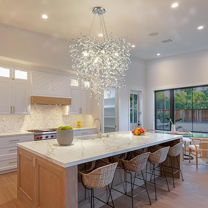 24 in Crystal Chandelier for Dining Room, Round Silver Tree Branches Chandeliers, Top K9 Crystal Chandelier, Modern Chandeliers for Kitchen,Foyer Entryway,Luxury Adjustable Hanging Chandeliers