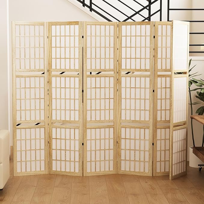 5.6FT Room Divider and Folding Portable Partition Screen, Chinese Japanese Shoji Style with Three Display Shelves for Room Separation - 6 Panel (Natural)