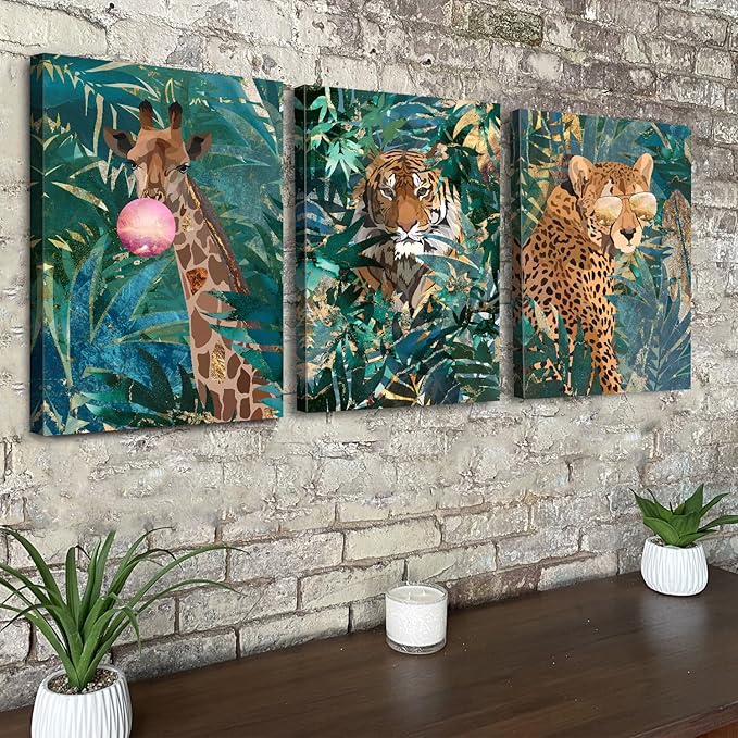 Abstract Animal Wall Art Giraffe Cheetah Tiger Pictures for Living Room Boho Green Plant Leaves Posters Jungle Botanical Canvas Adventure Wildlife Wall Decor Bathroom Bedroom Home Decoration 12x16" 3P
