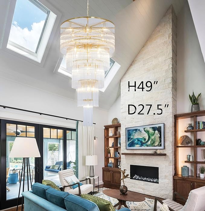 Large Chandelier for High Ceiling 5-Tier Long Brass Crystal Glass Chandelier Modern Chandelier Hanging Pendant Light Fixture for Entry Stairway Staircase Hall Foyer Living Room H49