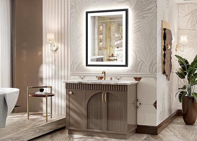 22x30 Black Framed Led Bathroom Mirror with Lights, Front Lit and Backlit, Lighted Vanity Mirror for Bathroom Wall, Anti-Fog, Dimmable, 3 Colors, Memory, HD Tempered Glass