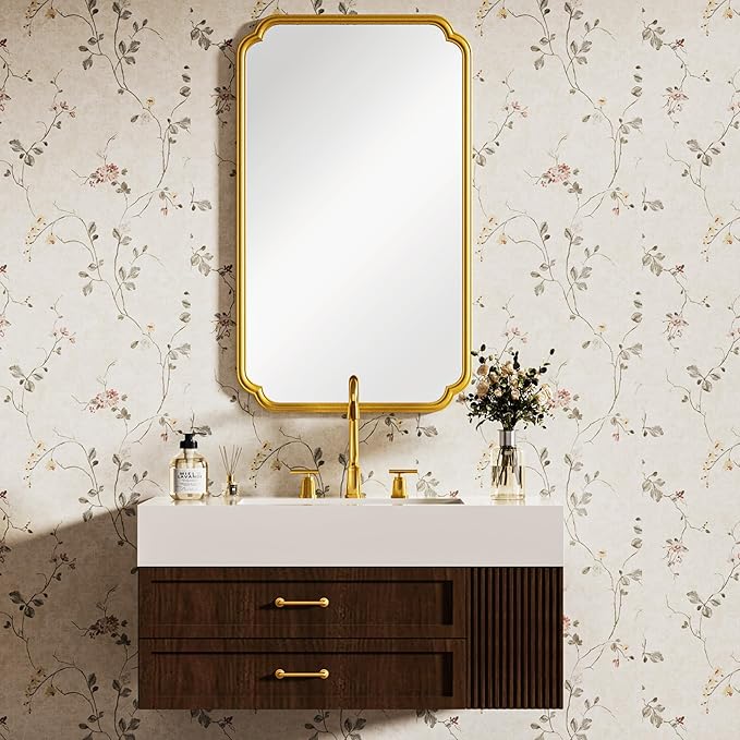 26"x40" Rustproof Bathroom Mirror Gold, Round Corner Metal Frame Wall Mirror, Horizontal/Vertical Hanging Over Sink, Bedroom Bathroom Decor