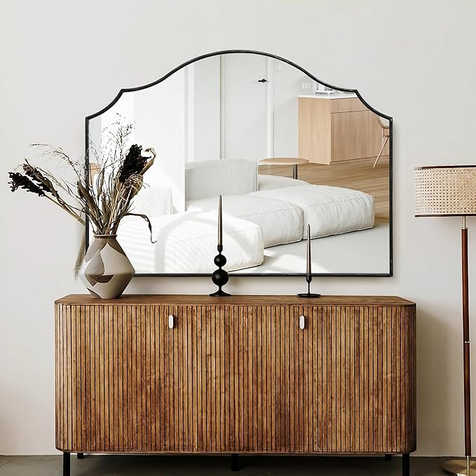 Black Scalloped Wall Mirror: 40"x29" Large Modern Minimalist Vanity Arched Mirror for Home Decor/Living Room/Bedroom/Fireplace/Mantle/Entryway