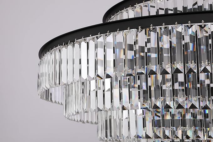 31" Black Crystal Chandelier, Modern 6-Tier Ceiling Light with Clear Crystal Prisms, Luxury Pendant Lighting for Dining Room Entryway