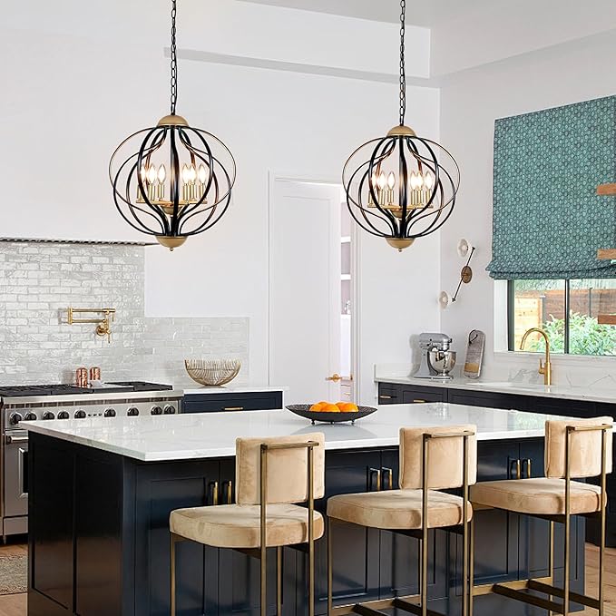 Black and Gold Chandelier, Modern Farmhouse Chandelier 17.7" Geometric Sphere Chandelier for Entryway 6 Lights Metal Industrial Pendant Light Fixture for Dining Room,Kitchen Island,Stairs,Foyer