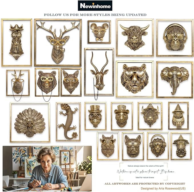 Animal Heads Wall Decor (Includes Metal Frame) Halloween Resin Animals Sculptures Head Wall Hanging Decoration Gold vintage Wall Sculpture for Living Room Bedroom Office(Owl)