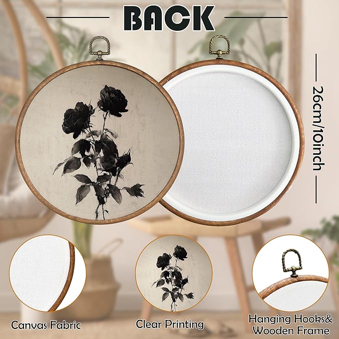 BCUANGD Vintage Flower Round Wall Art Decor - Rustic Retro Floral Botanical Wall Art Canvas Frame Artwork Prints, Black Mid Century Modern Round Wall Hanging Decorations for Home Gallery, 10"x10"