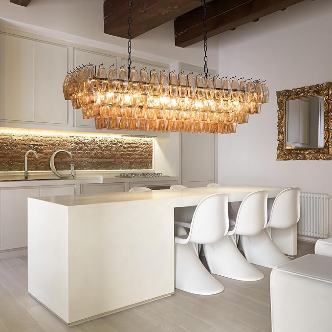 54" Black Rectangular Chandeliers for Dining Room, 12-Light 4 Tiered Large Smoke Glass Chandelier, Modern Kitchen Island Farmhouse Hanging Light Fixture for Living Room Foyer