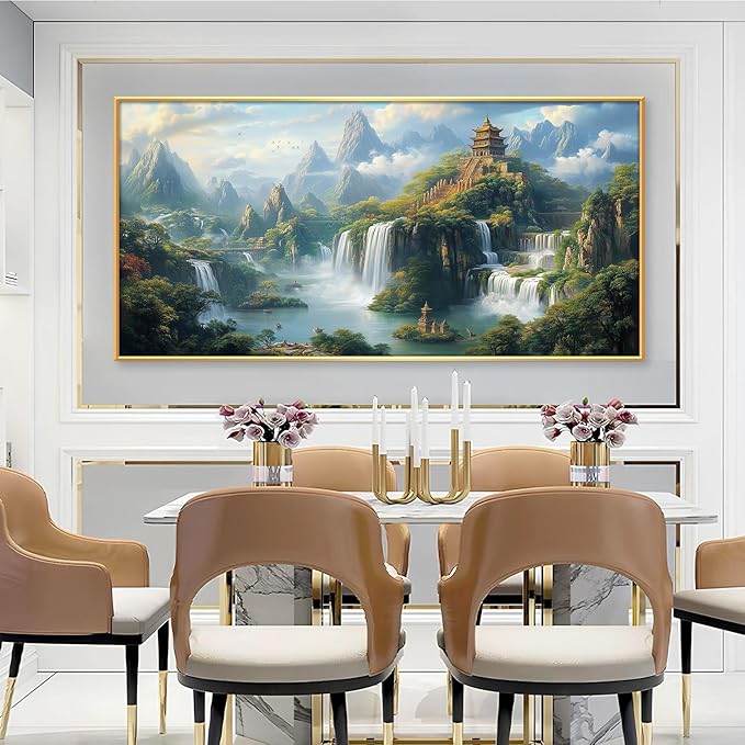 Cadeali Fantasy Waterfall Canvas Wall Art, Japanese Temple Art, Buddhist Architecture, Mountain Landscape, Asian Mythology, Living Room Wall Decor (Black Framed, 39"x19")