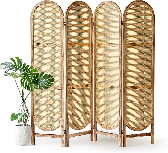 4 Panel Room Divider 5.6 Ft Hand-Woven Rattan Room Divider Screen, Foldable Wood Folding Privacy Screens with Double Hinges, Wall Divider for Room Separation Bedroom Home Office - Natural