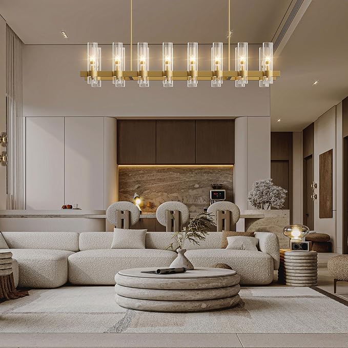 Brass Rectangle Kitchen Island Lights, Farmhouse Linear Rectangular Chandelier with Glass Shades, 16 Lights Gold Lighting Fixtures Industrial Pendant Light for Dining Room Over Table