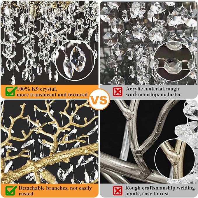 14-Light Modern Large Crystal Chandelier for Dining Room, 48" Round Gold Crystal Tree Branche Chandelier, Living Room Crystal Chandelier, Crystal Chandeliers for High Ceiling,Entryway,Foyer
