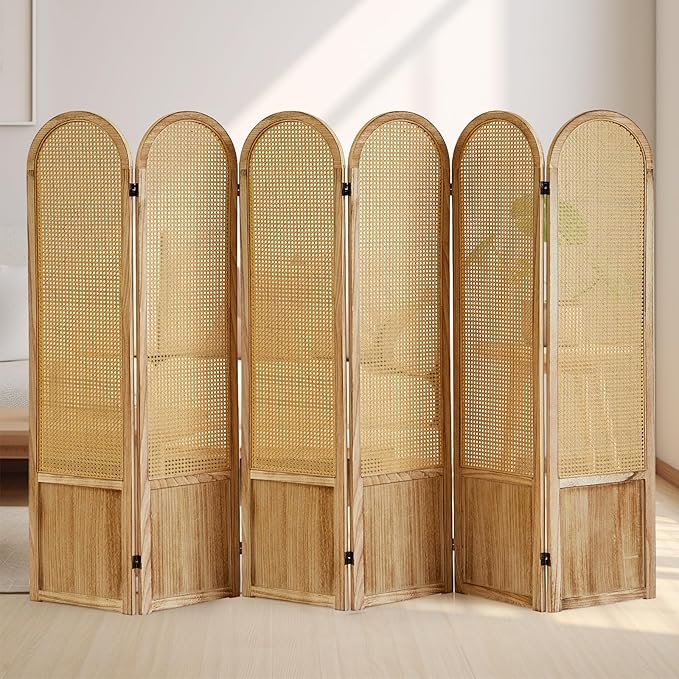 6 Panels Room Divider, Folding Privacy Screen, Foldable Wood Rattan Room Divider Panel, Portable Partition Screen Wall Divider for Room Separation Bedroom Home Office Garden Terrace (Natural)