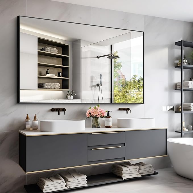 Black Bathroom Mirror for Wall, 60x36 Inch Rectangle Mirrors with Metal Frame, Large Modern Vanity Wall Mirror for Bathroom Living Room, Entryway Hangs Horizontal or Vertical