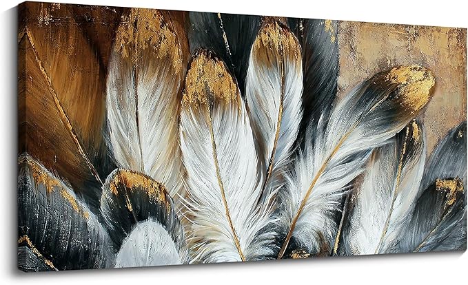 Mofutinpo Feather Wall Art Modern Living Room Bedroom Wall Decoration Large Giclee Print Canvas Painting Artwork for Home Decor One Piece White Gold Brown Feather Picture Ready to Hang 24x48 Size