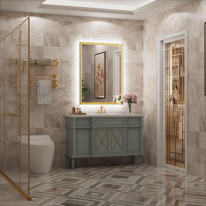 24x32 Inch Gold LED Bathroom Mirror with Front & Back Lights, Adjustable 3000K/4500K/6000K, Wall Mounted Framed Lighted Bathroom Vanity Mirror, Dimmable, Anti-Fog, Horizontal/Vertical