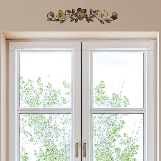 Wesiti Metal Flower Wall Decor Vintage Metal Flower Wrought Iron Scroll Sculpture 15.7''x3.7'' Farmhouse Leaves Scroll Wall Decor Above Door Bed Home for Living Room Bedroom Outdoor(Brown)