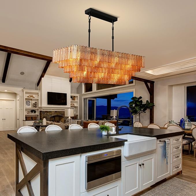 Large Chandelier for Dining Room, 59" 11-Light Amber Rectangular Chandelier for High Ceilings, Modern Balck Kitchen Island Hanging Light Fixture for Living Room, Dining Room, Kitchen Island, Foyer