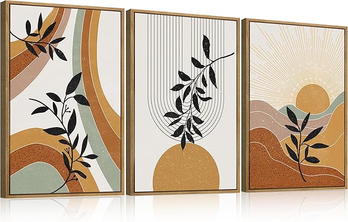 BINCUE Large Boho Framed Wall Art Painting Mid Century Modern Decor Prints for Living Room Bedroom Bathroom 16x24 Inch 3 Pieces