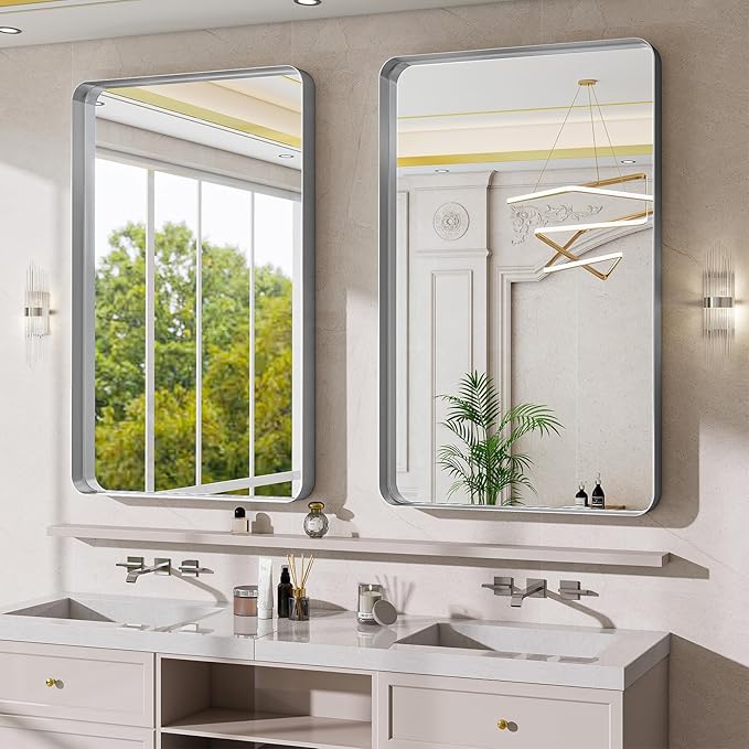 Bathroom Mirror Vanity for Over Sink Wall Mirror - 30x48 Inch Rounded Corner Rectangle Aluminum Frame Mirror,Hangs Horizontally or Vertically for Living Room Bedroom or Entryway Silver