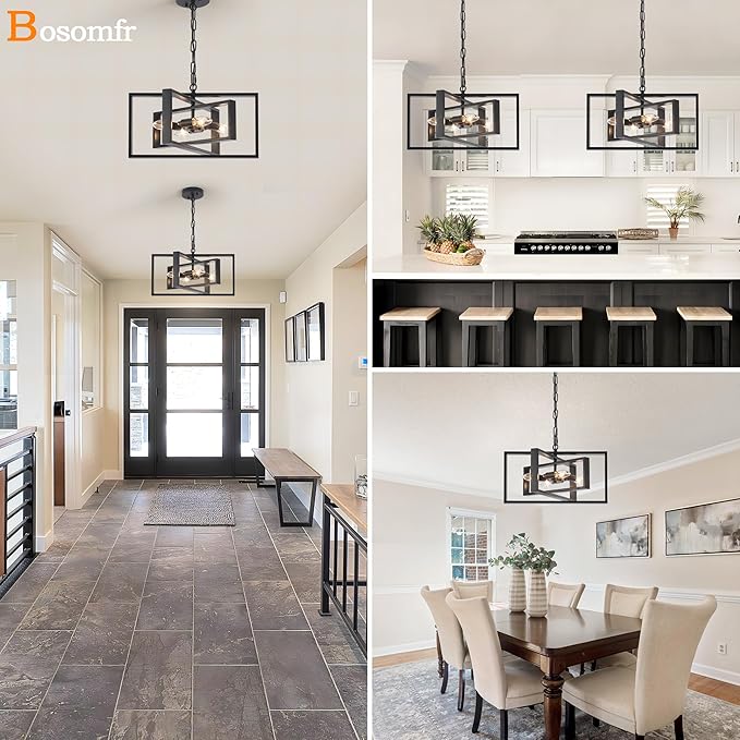 16.5'' Farmhouse Chandelier 4-Light, Black Modern Light Fixture Cross Chandeliers for Dining Room Kitchen Island Bedroom, Rectangular Metal Pendant Light Fixture for Living Room