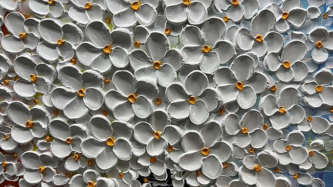 3D White Flower Bouquet Canvas Wall Art, Modern Textured Painting, Colorful Abstract Background, 30x30 inches