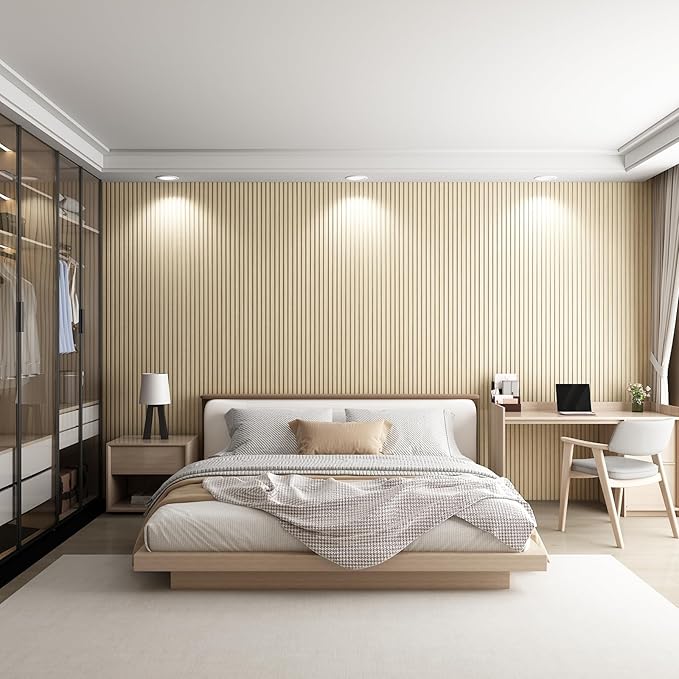 8-Pack WPC Wall Panels 108’’ x 6.3’’ 3D Slat Wall Panel Acoustic Wall Paneling for Interior Wall Decor TV Background Kitchen Bedroom Natural Wood