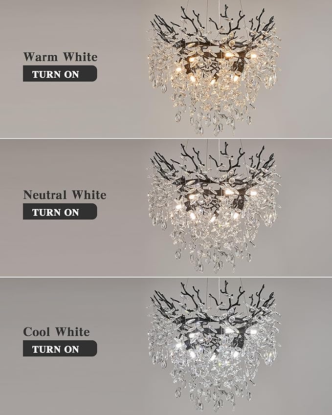Modern Crystal Chandelier for Dining Room, 23.62" Black Tree Branch Chandeliers, 8-Light Luxury K9 Crystal Round Chandeliers for Kitchen Island Living Room