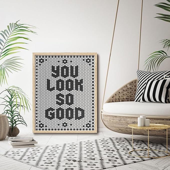 KISSFOX Western You Look So Good OAK Wood Framed Wall Art Farmhouse Geometric Typography Canvas Art Prints Rustic Hexagon Pictures Wall Decor Southwestern Artwork For Bistro Bathroom Bedroom Kitchen