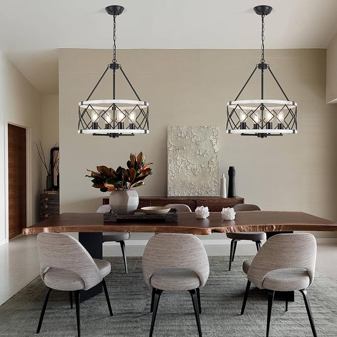 4-light Farmhouse Chandelier for Dining Room 17.7 inch Rustic Drum Chandeliers Adjustable Hanging Pendant Light Fixture for Kitchen Island Entryway Foyer Bedroom Living Room Hallway,Gray & Black,E26