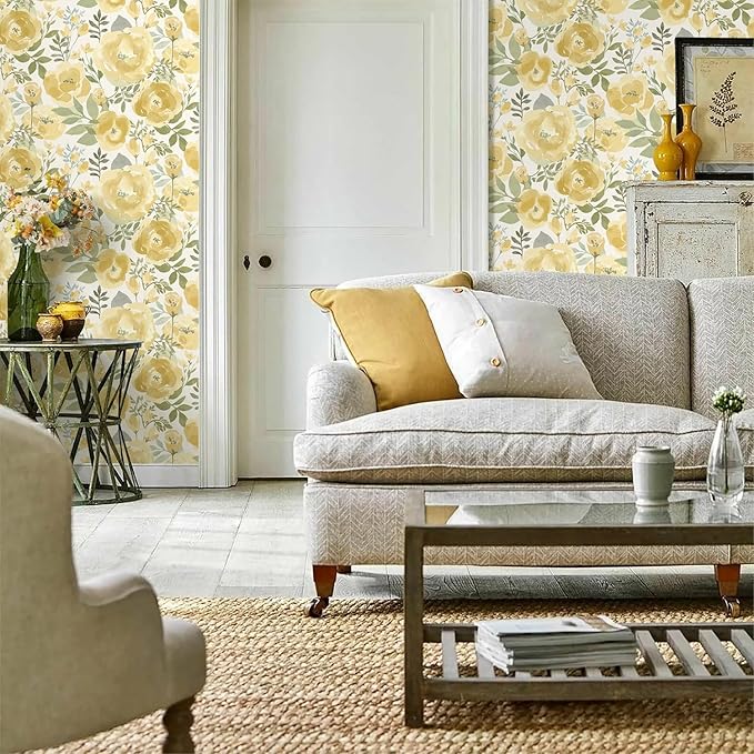 Orainege Floral Wallpaper Peel and Stick Wallpaper 16.9inx196.8in Self Adhesive Wallpaper Boho Contact Paper Removable Decorative Wall Paper for Bedroom Bathroom Shelf Liner Decor Vinyl,Yellow