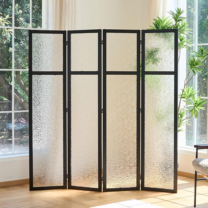 4 Panel Acrylic Room Divider Privacy Screen - Freestanding Frosted Translucent Partition, Lightweight Modern for Home Office Studio (Black, 4 Panels)