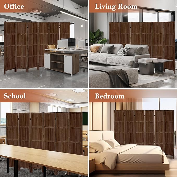 6 Panel Room Divider and Folding Privacy Screen, Classic 5.6Ft Wood Room Divider Wall, Partition Screen Divider for Room Separation for Home Office, Bedroom, Office, Dressing Room, Brown