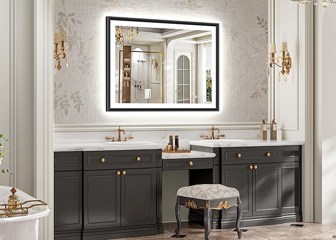 40x30 Black Framed Led Bathroom Mirror with Lights, Front Lit and Backlit, Lighted Vanity Mirror for Bathroom Wall, Anti-Fog, Dimmable, 3 Colors, Memory, HD Tempered Glass