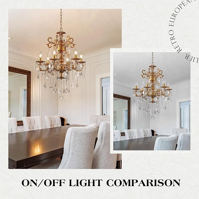 Luxury Antique Bronze Crystal Chandeliers with Candle Pendant Ceiling Light Fixture - 6 Lights Gold Crystal Chandelier for Dining Room, Living Room, Kitchen, Bedroom - D23 inch