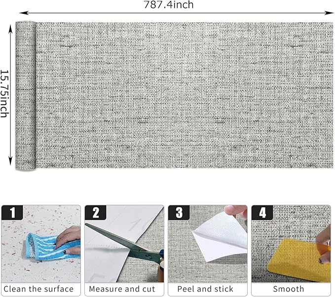 15.75"x787.4" Gray Grasscloth Wallpaper Peel and Stick Removable Textured Wall Paper Self Adhesive Contact Paper Faux Linen Cabinets Drawers Bookshelves Thickened Waterproof Shelf Vinyl Roll