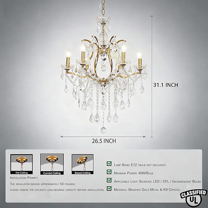 Luxury Antique Gold Crystal Chandeliers with Candle Pendant Ceiling Light Fixture - 6 Lights Polished Golden Bronze Crystal Chandelier for Dining Room, Living Room, Kitchen, Bedroom