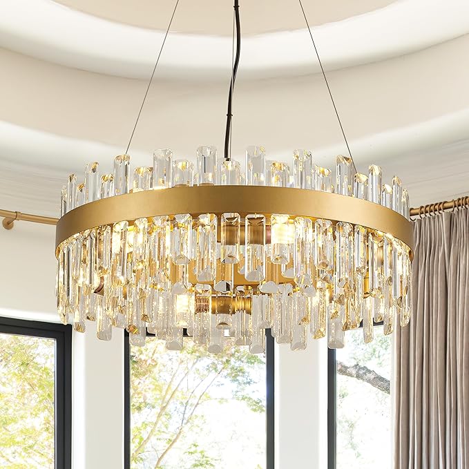 21.7" Gold Modern Crystal Chandelier Light Fixtures Luxury 2 Rings Crystal Chandeliers for Dining Room 12-Light Round Hanging Pendant Lighting for Living Room Kitchen Island Entryway Bedroom
