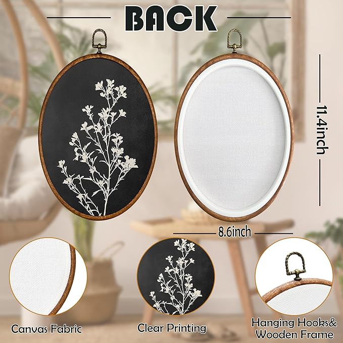 BCUANGD Vintage Flower Oval Wall Art Decor - Retro Boho Floral Botanical Wall Art Canvas Frame Artwork Prints, Black Mid Century Modern Round Wall Hanging Decorations for Home Bedroom, 8.6"x11.4"