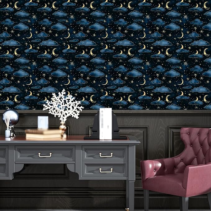 Cloudy Starry Night Peel and Stick Wallpaper Vintage Green Leaf Contact Paper Dark Floral Wall Mural Home Vinyl Waterproof Self Adhesive Removable Renter Friendly Wall Paper 17.5" x 393"