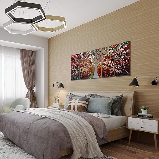 BATRENDY ARTS Coloful Metal Tree Wall Art Brown Red Artwork Decor Silver Willow Large Hanging Scuplture 5 Panels for Bedroom