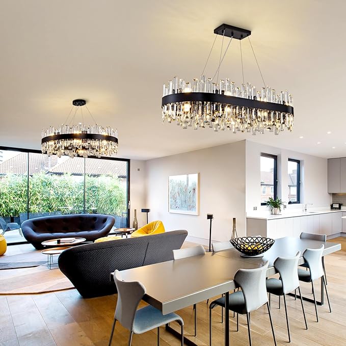 Modern Chandelier, D31.5 Round Black K9 Crystal Chandelier, Luxury Hanging Ceiling Light for Living Room, Chandeliers Pendant Light Fixture for Dining Room Hall Stairway Kitchen Bedroom