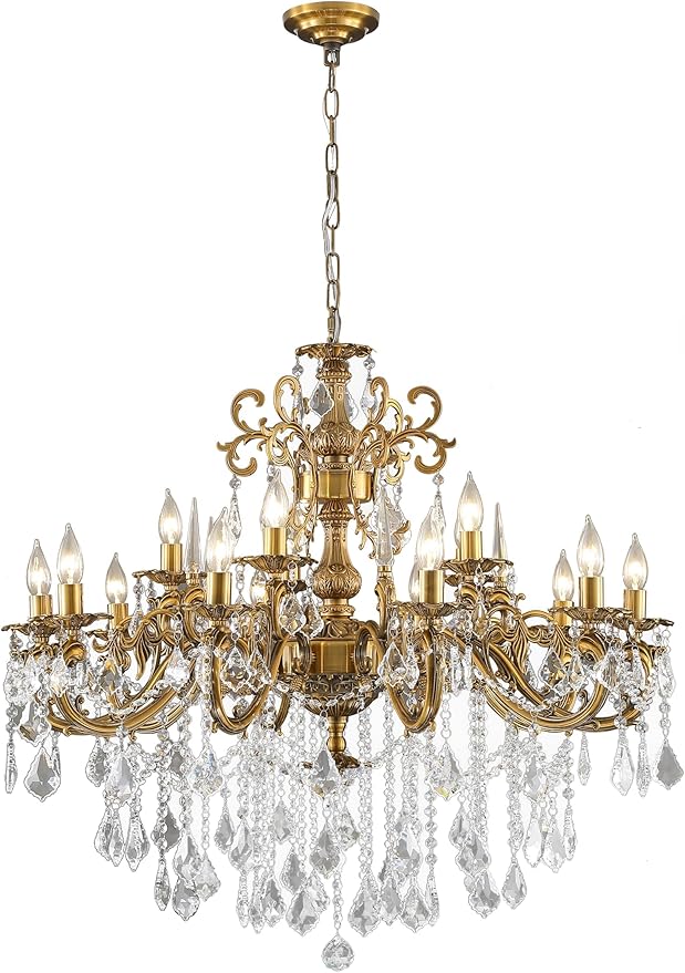 Antique Bronze Crystal Chandeliers, Luxury Gold Candle Pendant Ceiling Light Fixture, 15 Lights Golden Crystal Chandelier for Dining Room, Living Room, Bedroom, Kitchen Island, Hallway