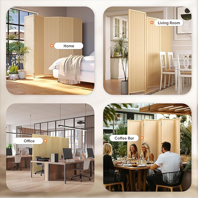 JOSTYLE Room Divider Folding Privacy Screen, 6 Panel Room Divider Screen - 6 ft. Tall Bamboo Divider Panel for Room Separation Freestanding Partition Wall, Beige