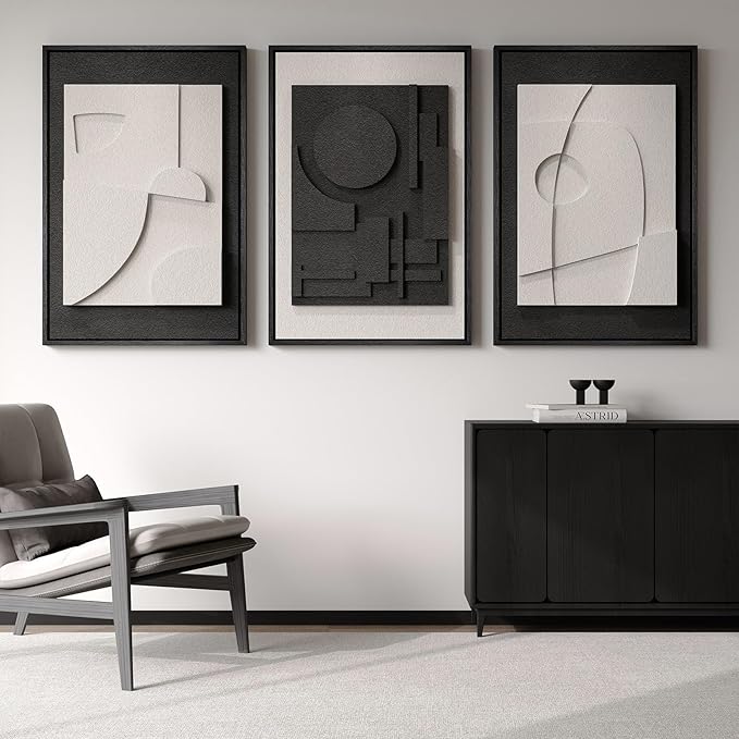 Large 3D Textured Framed Black and White Abstract Wall Art, 3 Piece Modern Wall Paintings Artwork for Walls, Minimalist Black White Geometric Pictures for Living Room, Hallway, Dining Room Wall Decor